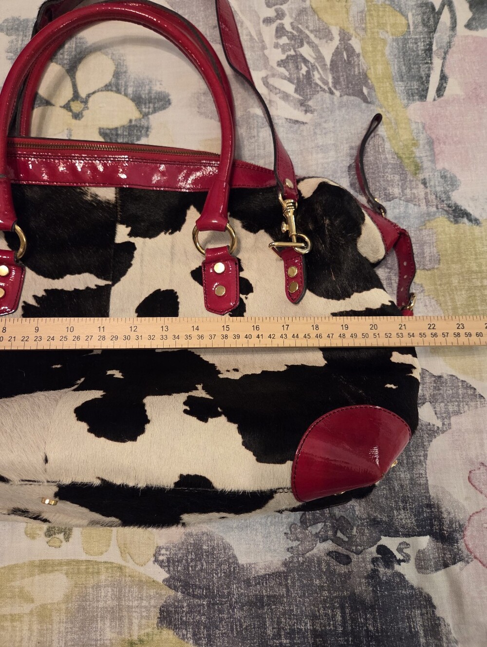 CAVALCANTI Black White Calfβ Hair Cow Print Red Italian Leather X-Large Tote Bag - Picture 9 of 16